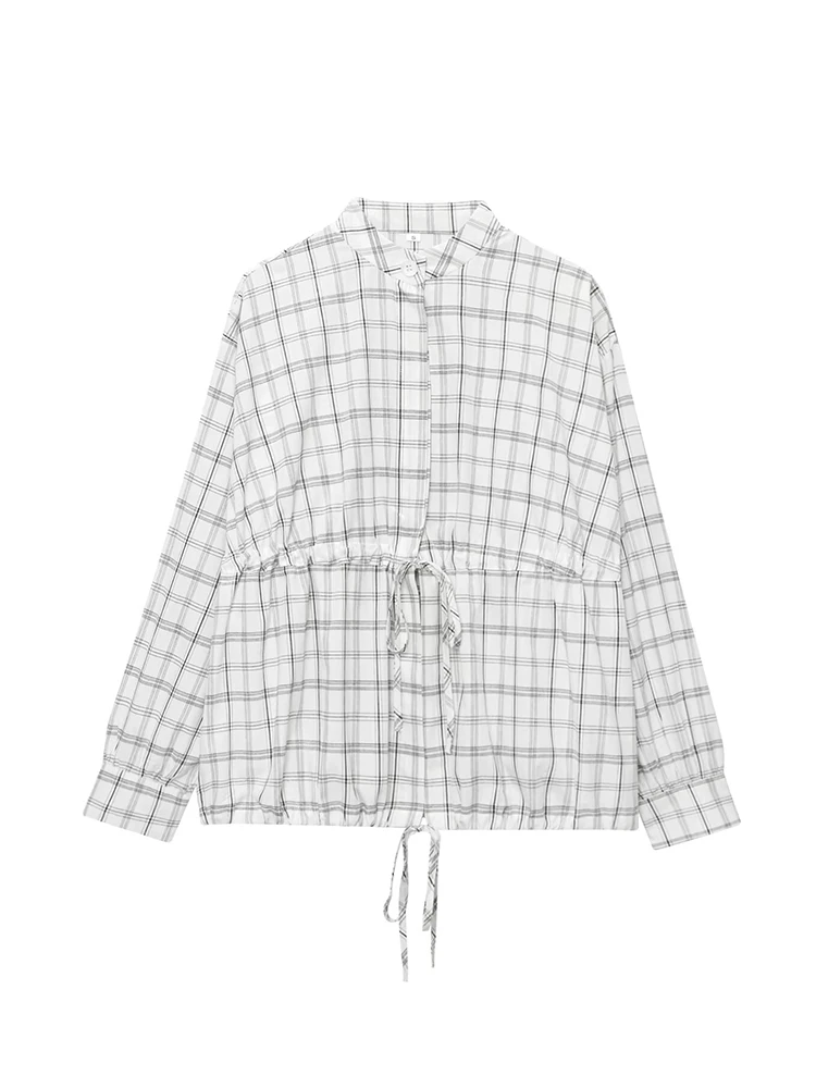 TFMLN 2025 Women's Long Sleeve Thin Shirt Plaid Single Breasted Loose Top Versatile Outerwear Stand Collar Waist Lace Up Shirt