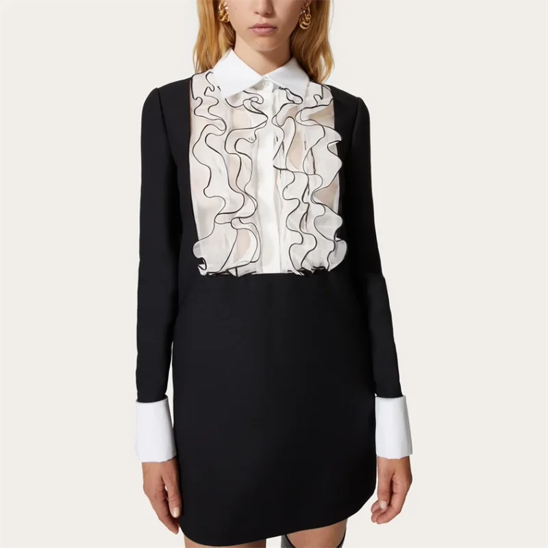 Новинка Весна 2024, женское платье-рубашка с декоративным воротником и оборками, y2k, высококачественное модное повседневное прямое платье в Корейском стиле с юбкой