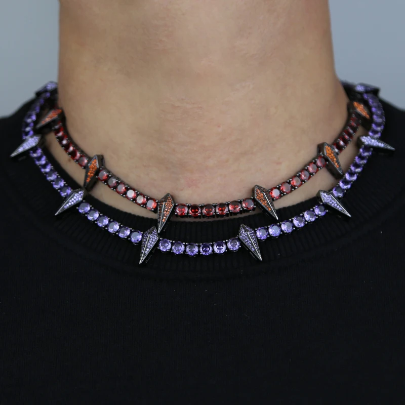 New Iced Out Bling Spike Rivet Pendant Necklace 5mm Tennis Chain Cubic Zircon Black Panther Charm Hip Hop Men Women Jewelry