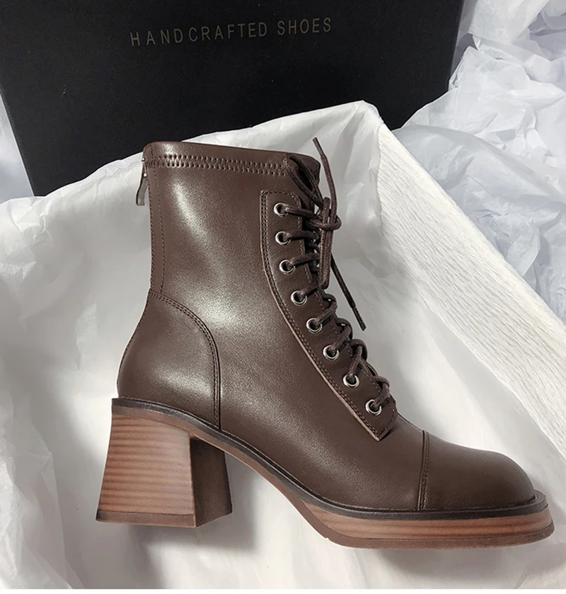 New Leather Ankle Boot For Women Motor Boot Retro Lace-up High Heels Shoes Woman Short Boot Square Toe Footwear 34-40