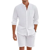 Daily Casual Breathable Cotton Linen Outfits Mens Vintage Stand Collar Button-up Shirts And Shorts Sets For Men Clothing Summer 3