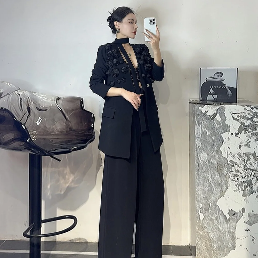 TWOTWINSTYLE Solid Two Piece Set For Women Lapel Long Sleeve Spliced Appliques Coat High Waist Wide Leg Pant Chic Sets Female 3