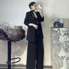 TWOTWINSTYLE Solid Two Piece Set For Women Lapel Long Sleeve Spliced Appliques Coat High Waist Wide Leg Pant Chic Sets Female 3