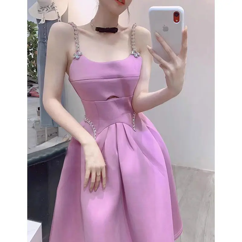 

Harajpee 2024 Summer New Dresses Women Wear Cold Wind French Style Celebrity Goddess Gentle Princess Sling Dress Chic Vestido