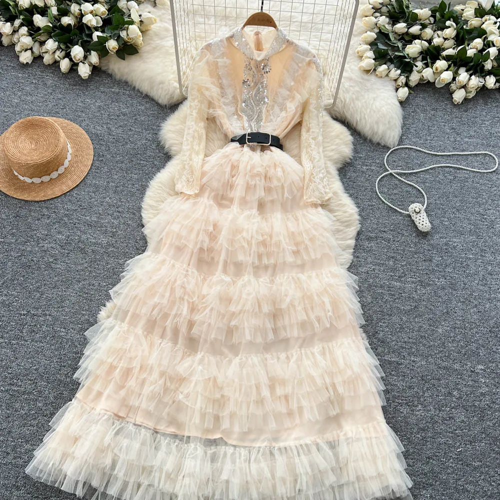 Elegant Embroidered Sequins Long Dresses Autumn Women Layer Ruffles Cake Full Sleeve Evening Party Vestidos Mesh Tulle Long Robe