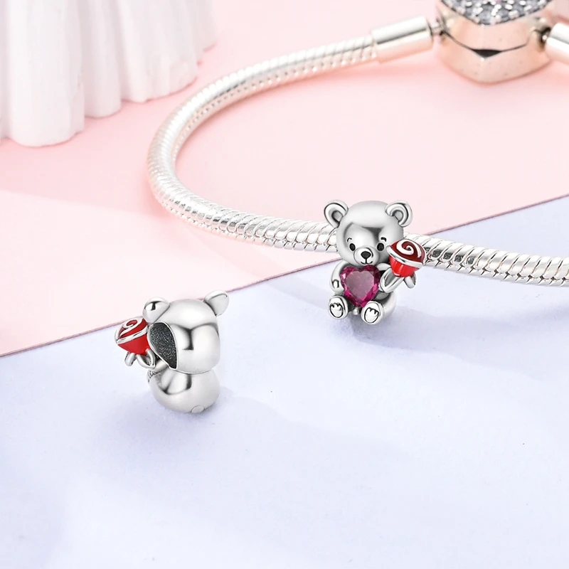 Original 925 Sterling Silber Zirkon Charms Perlen Hund Katze Liebesherz Perlen passend für Original Armband für Frauen DIY Schmuck Geschenk – Detail 14