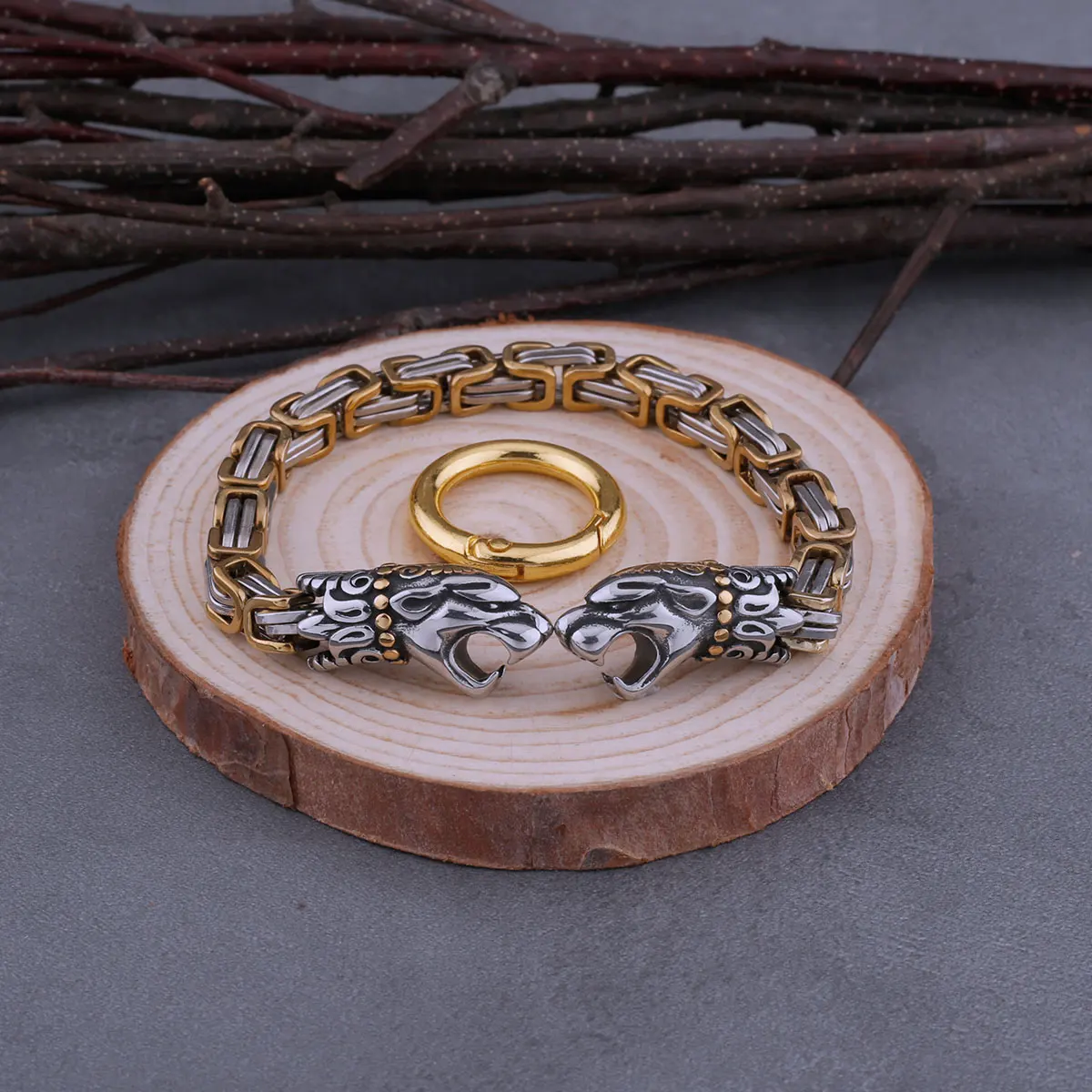 

Nordic Viking Faucet Men's Bracelet Hip Hop Fashion Punk Rock Bracelet Stainless Steel Biker Jewelry Gift With Wooden Box