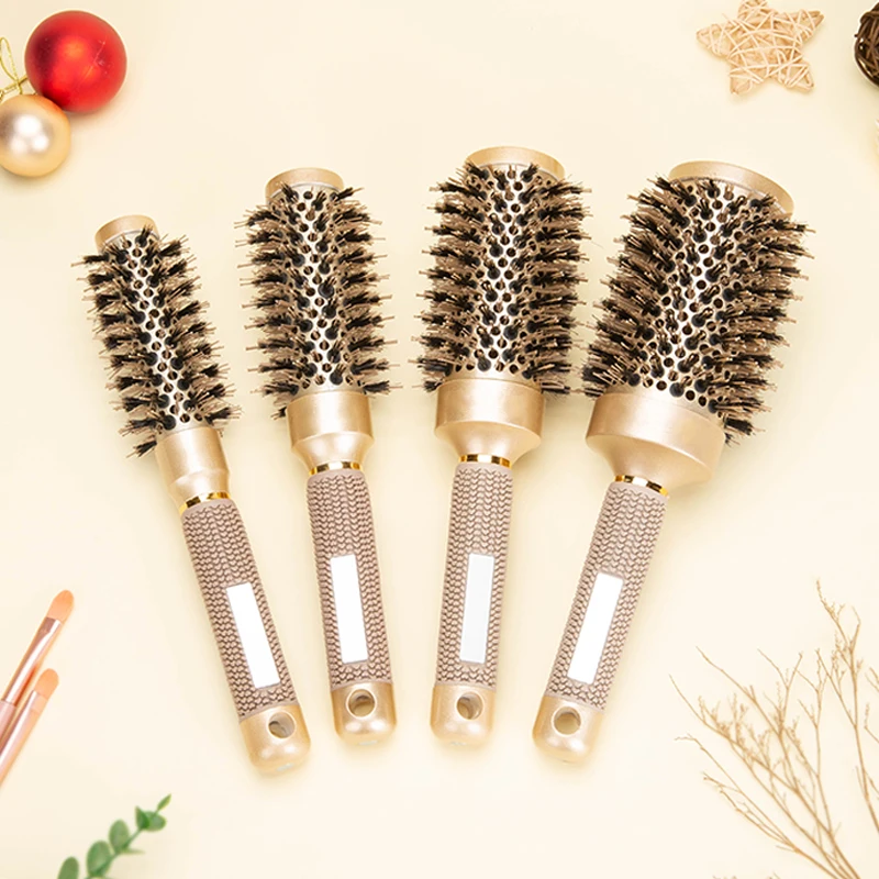 전문 살롱 스타일링 도구 둥근 머리 빗, 나일론 헤어 롤링 빗, 열 알루미늄 튜브 배럴 헤어 곱슬 도구, 4 가지 크기