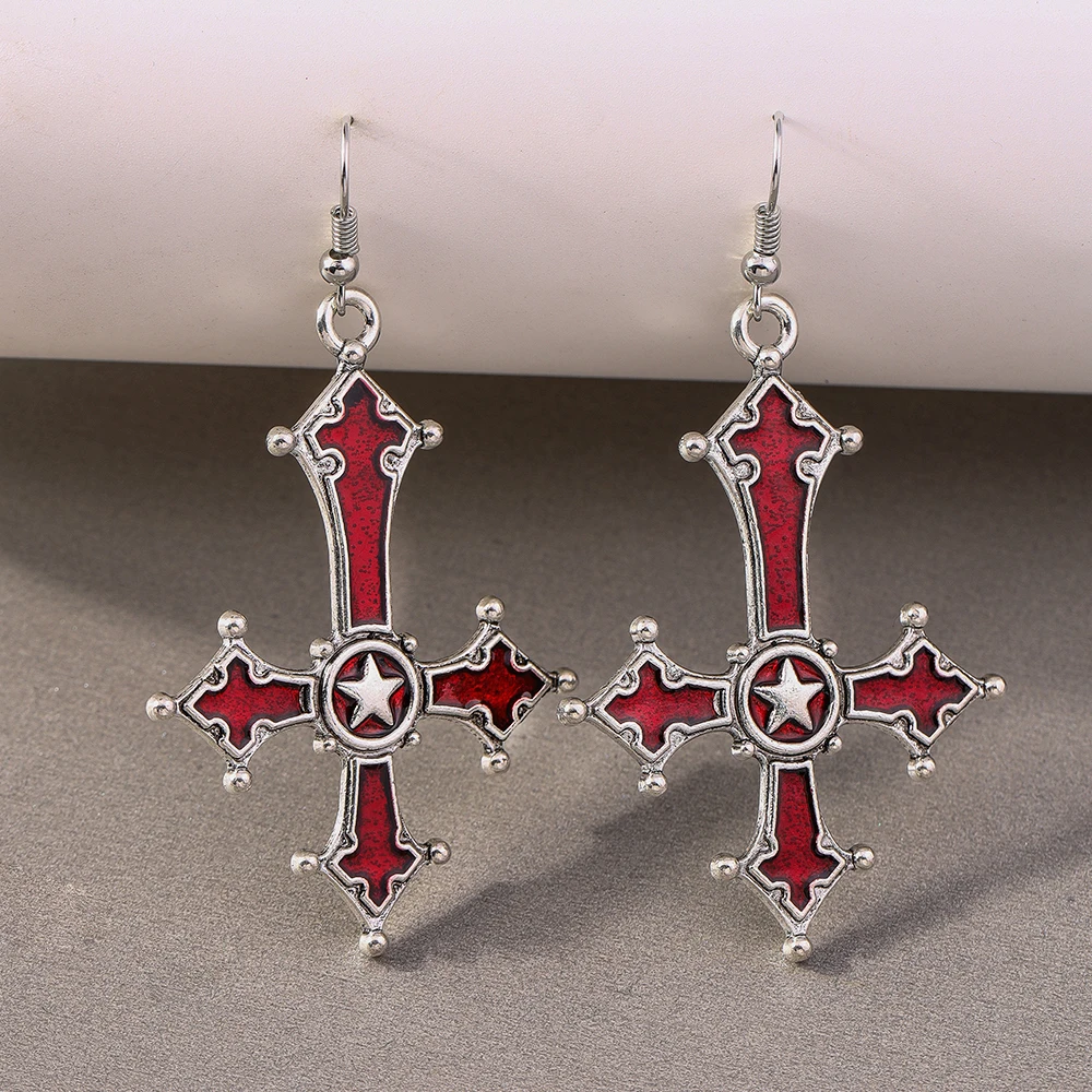 Aihua Pentagramm umgekehrte Kreuz Anhänger Ohrringe Vintage Gothic Kreuz Anhänger Ohrringe Teufel Lucifer Satan Satanic Schmuck – Detail 3