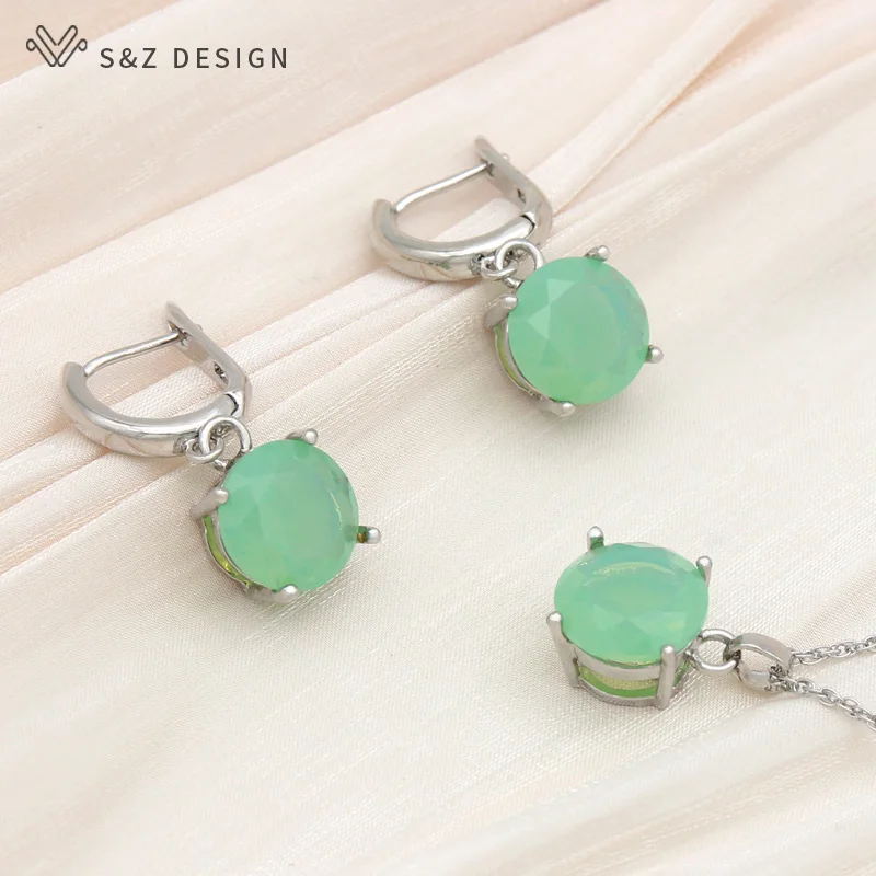 S&Z DESIGN New Fashion Classic Round White Green Opal Drop Earrings Pendant Necklace Jewelry Sets For Women Elegant Jewelry