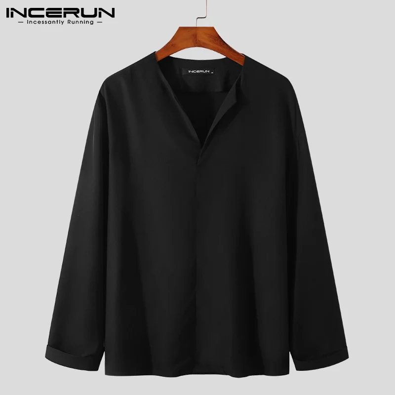 INCERUN 남성용 캐주얼 용수철 블라우스, 얇은 긴팔 셔츠, 루즈한 세련된 블라우스 S-3XL, 멋진 남성 상의, 2024