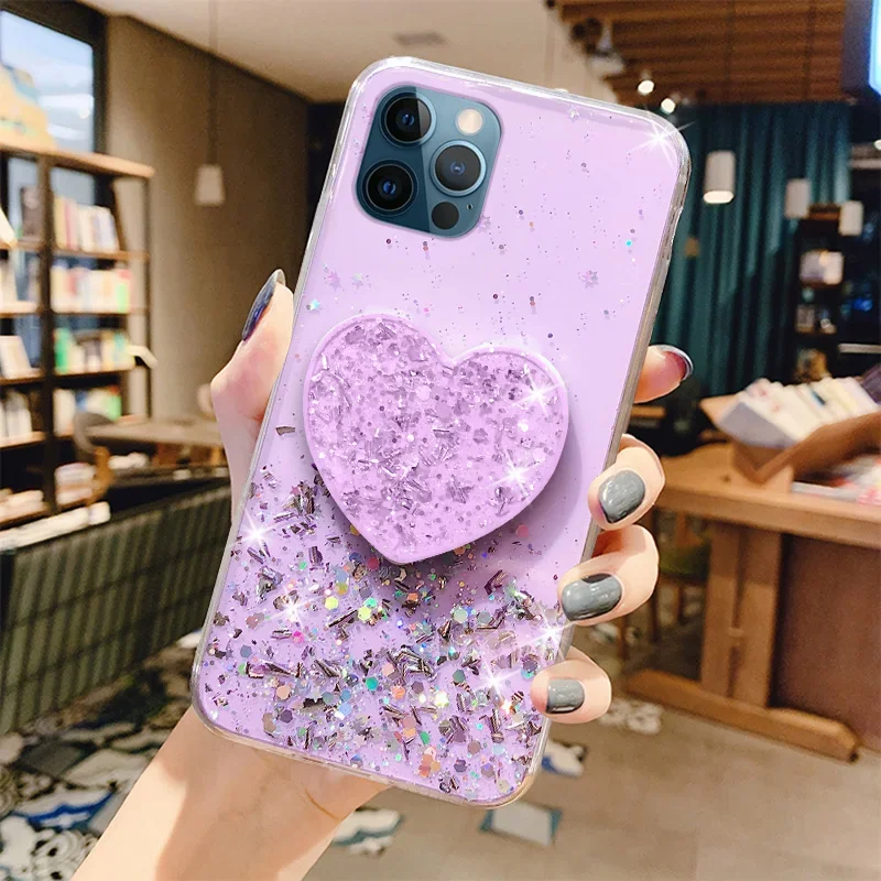 Sparkling Glitter Heart Love Phone Holder Silicone Case