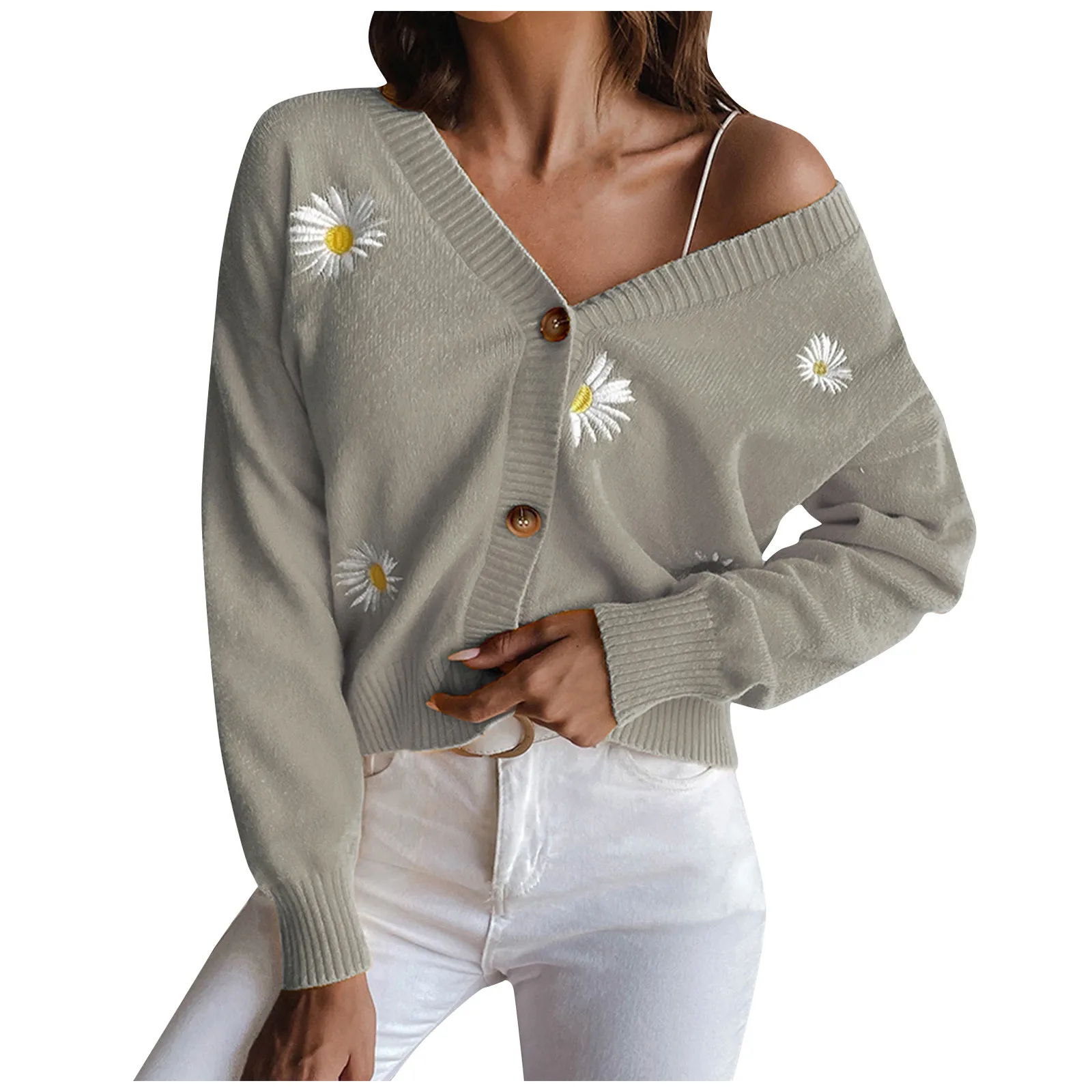 

Женская одежда, Новое поступление 2024, свитер с V-образным вырезом и вышивкой из маленькой хризантемы, осенне-зимний Новый Свободный вязаный кардиган