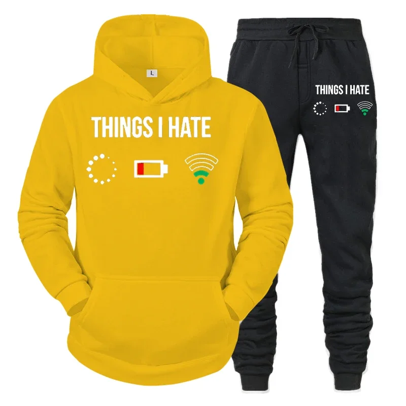 thumbnail image 1 of Conjunto de ropa deportiva hippie para hombre, sudadera con capucha y pantalón con estampado de "Cosas que odio", "Batería baja", "Sin red", 2 piezas, chándales divertidos de moda para hombre, 1 of 5
