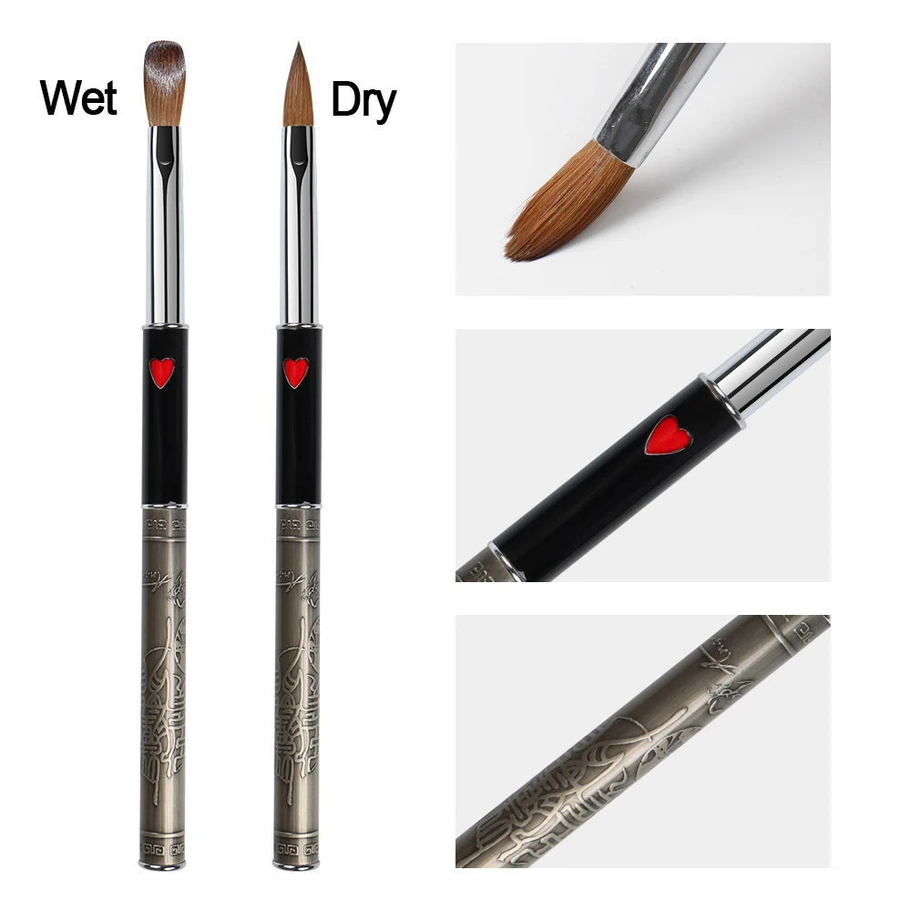 ANGNYA #8 #10 Kolinsky Hair Sable Acrylic Nail Brush Antique Style With Red Heart Metal Handle Nail Art Brushes Manicure Tools 3