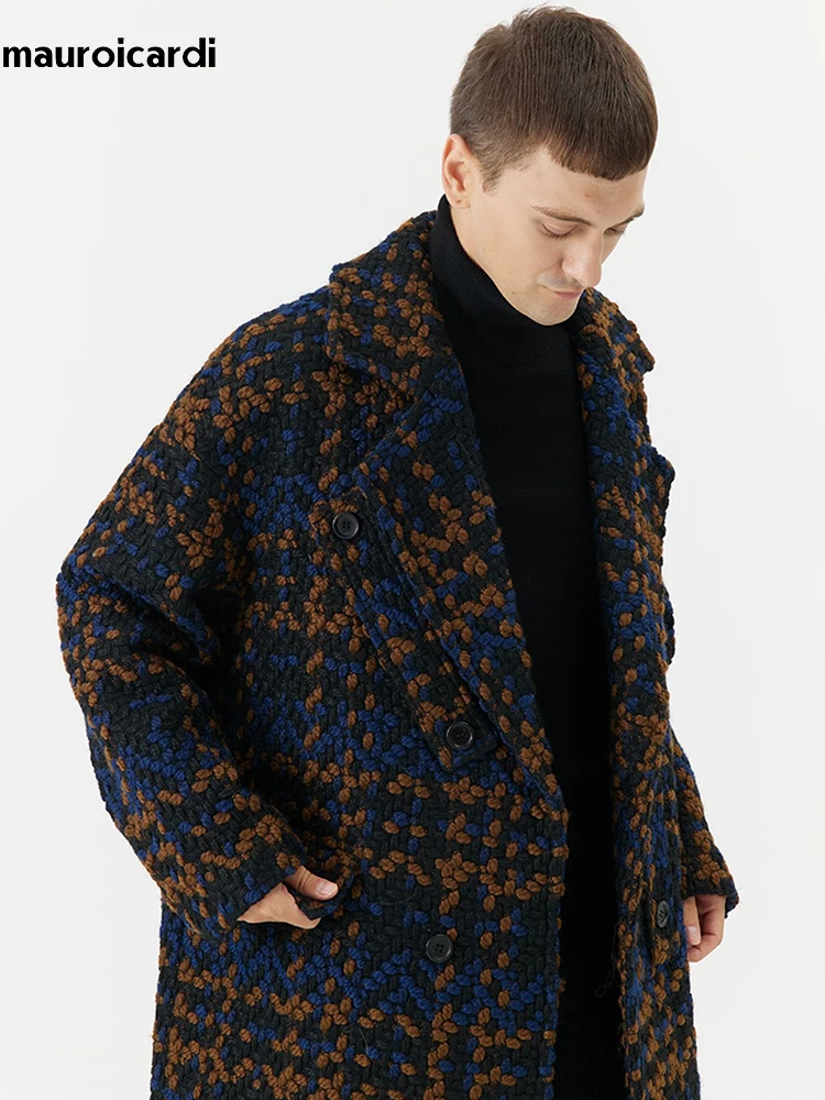 Mauroicardi Autumn Winter Long Loose Stylish Cool Thick Warm Plaid Tweed Woolen Coat Men Double Breasted European Fashion 2023 4