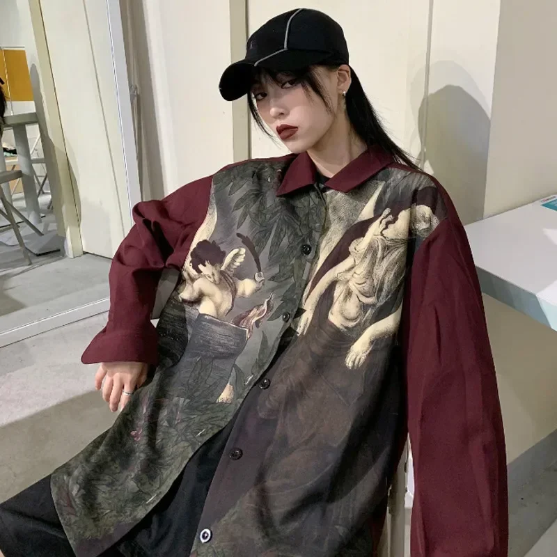 빈티지 엔젤 프린트 블라우스 셔츠 일본 streetwear 블라우스 카디건 긴 소매 오버 사이즈 탑 여성 남성 의류 y2k 셔츠