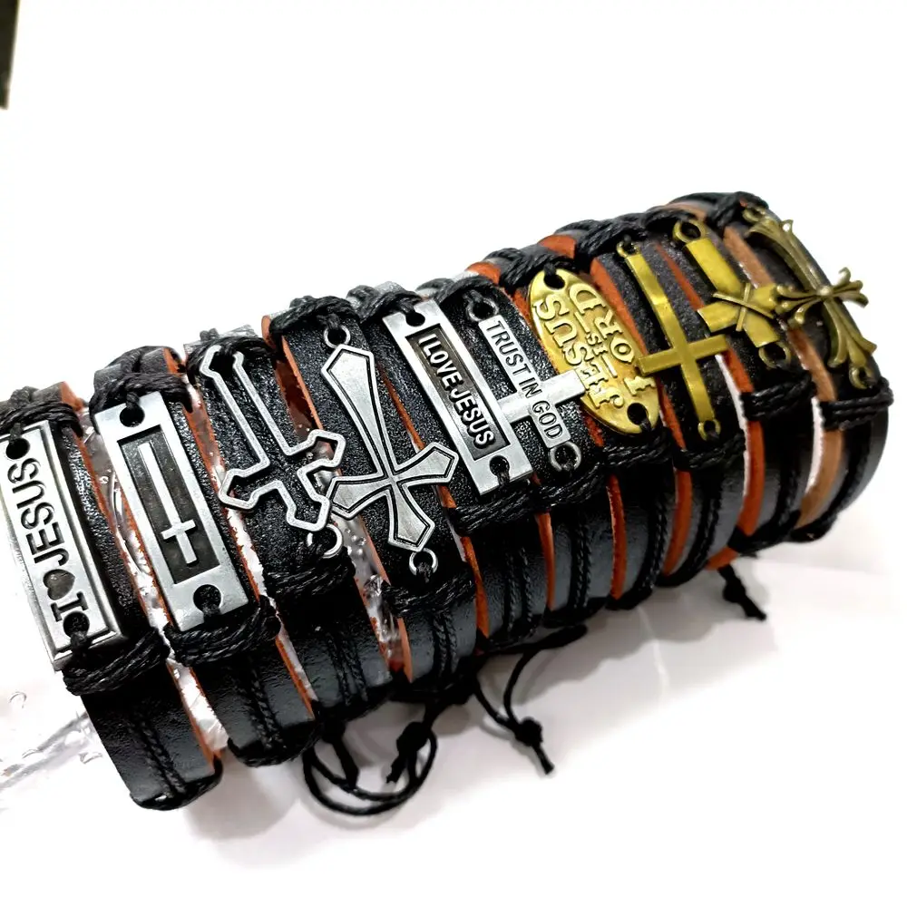 10Pcs/lot Wholesale Jesus Religious Cross Bracelets Cuff Man Women Punk Wristband Bangle Jewelry Accessories