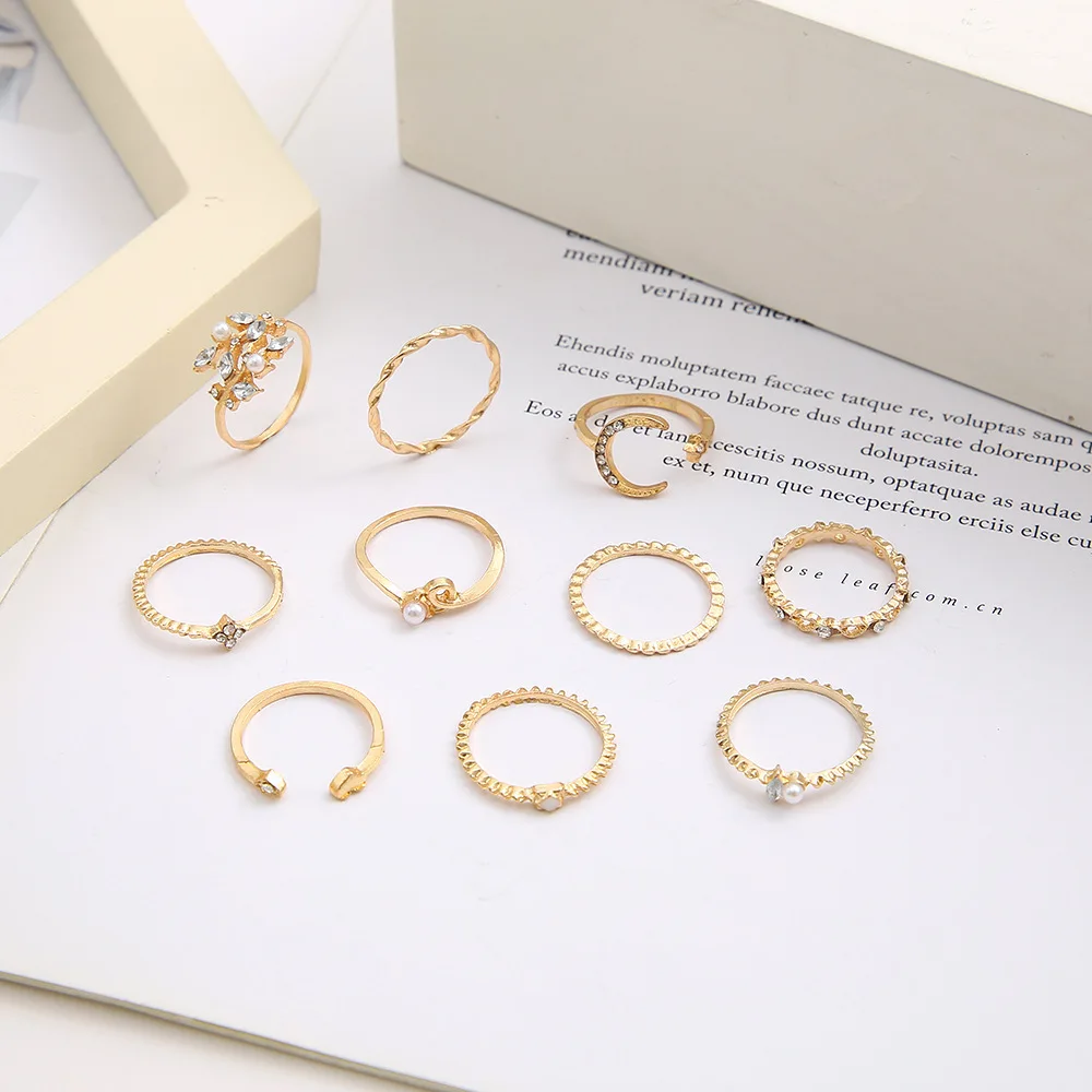 Boho Gold Color Heart Rings Set For Women Vintage Geometric Cross Pearl Butterfly Finger Rings Female Trendy Jewelry Gift