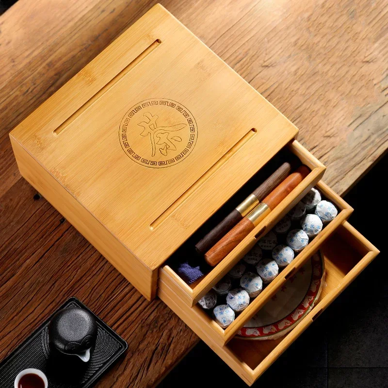 차 케이크 보관함, 대나무 상자, 차 정리함, 다도 액세서리, 차 트레이 서랍, 정리함 보관함, 대나무 캐비닛, 신제품