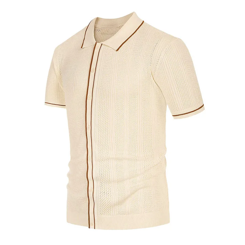 Summer Ice Silk Men Hollow Polo Shirt Breathable Soft Knit Shirt Top Men's Short-sleeved Tee Fashion Color Contrast Men's Shirt 5