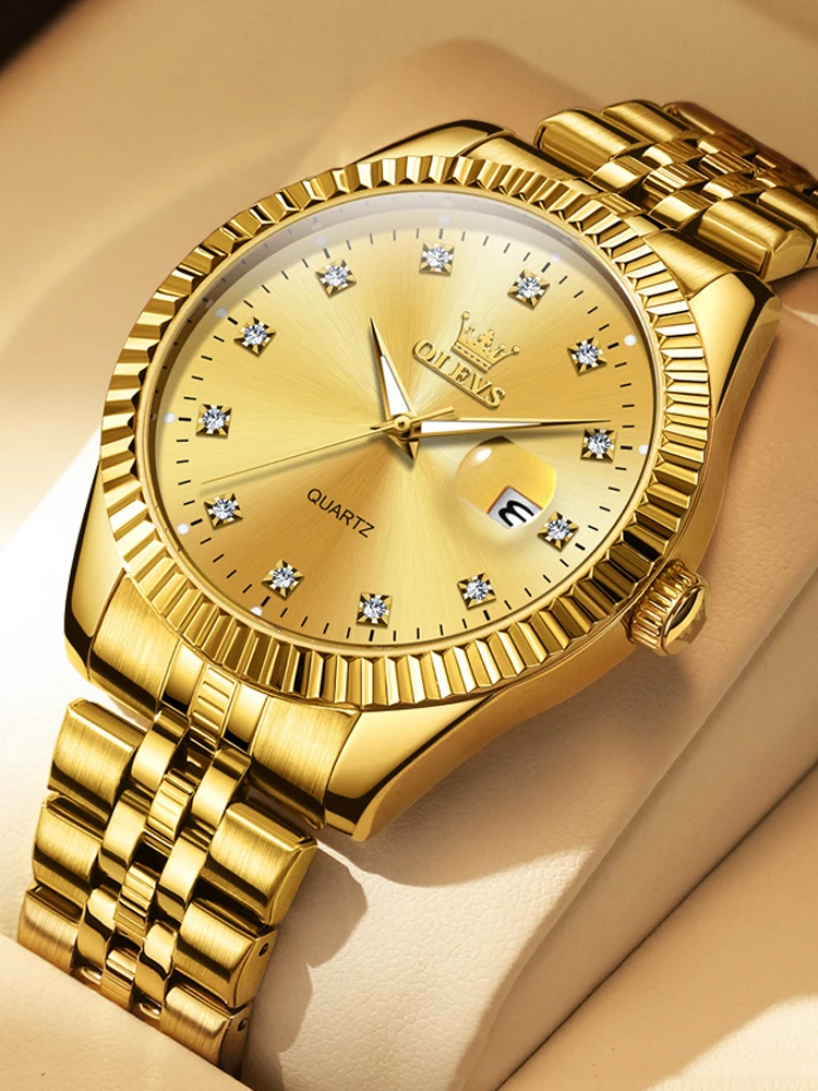 OLEVS Brand New Fashion Design Quartz Watch for Men Gold Steel Waterproof Luminous Date Mens Watches Relogio Masculino 2024