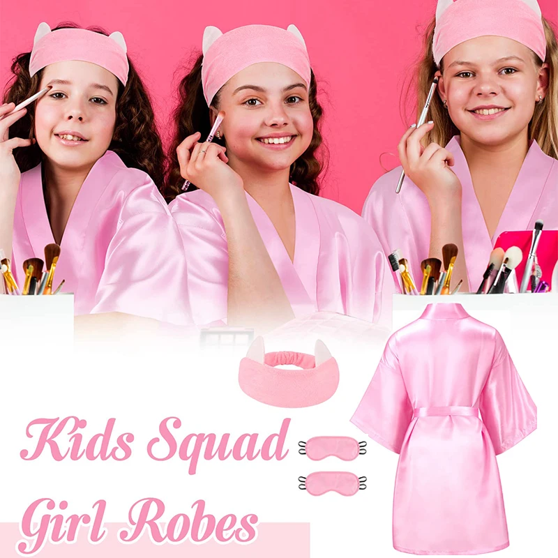 6Set Spa Party Robes Solid Kids Bath Robes Satin Silk Robes Nightgown Girl Kimono Headband Blindfold DIY Slumber Party Bathrobes