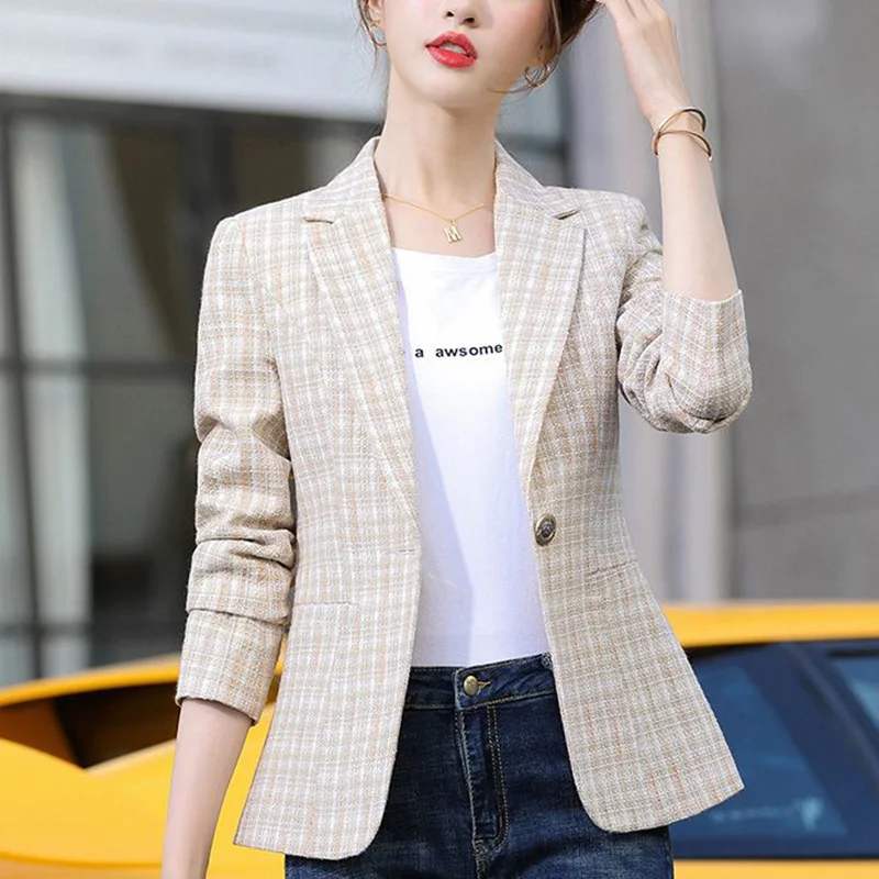 Fashion Loose Button Spliced Pockets Lattice Blazer Women's Clothing 2023 Autumn New Oversized Casual Tops Office Lady Blazers