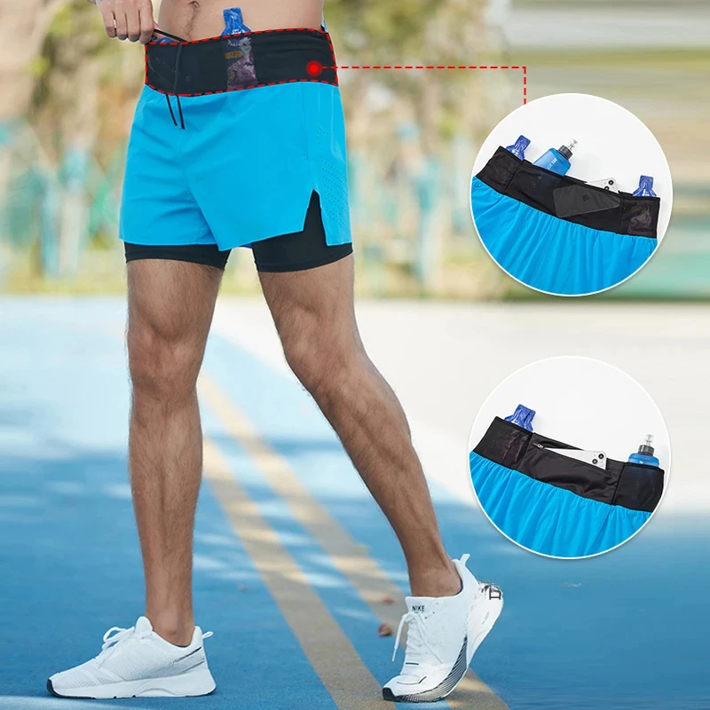 Double-deck Outdoor Marathon Basketball Running Mens Gym Fitness Run Shorts Quick Drying Pocket Traning Jogging Workout Shorts 3