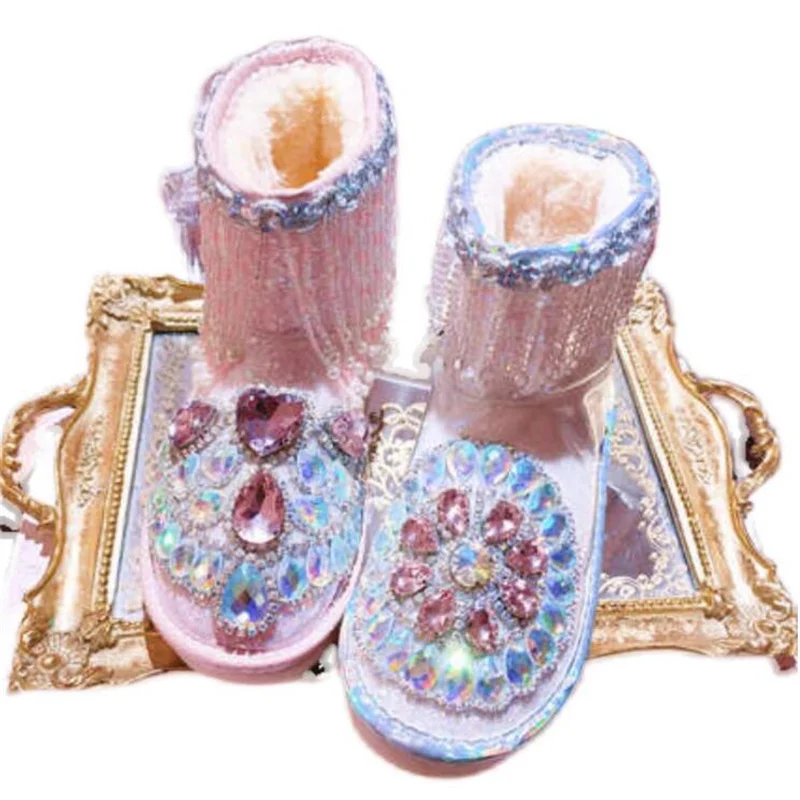 

New transparent waterproof diamond fringe female short cylinder flat flat non-slip snow boots big size 35-40