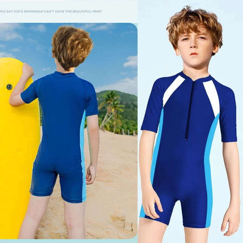 Children Swimsuit Kids Short Sleeved Shorts One-piece Swimsuit Boys Girls Fashion Contrast Elastic Quick Drying Zipper Bathing Suit Beach Swimwear