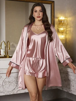 طقم ملابس منزلية جديدة رداء حمام مقترن مع شورت رسن طقم بيجامة نسائية عصرية وغير رسمية مكون من 3 قطع 3