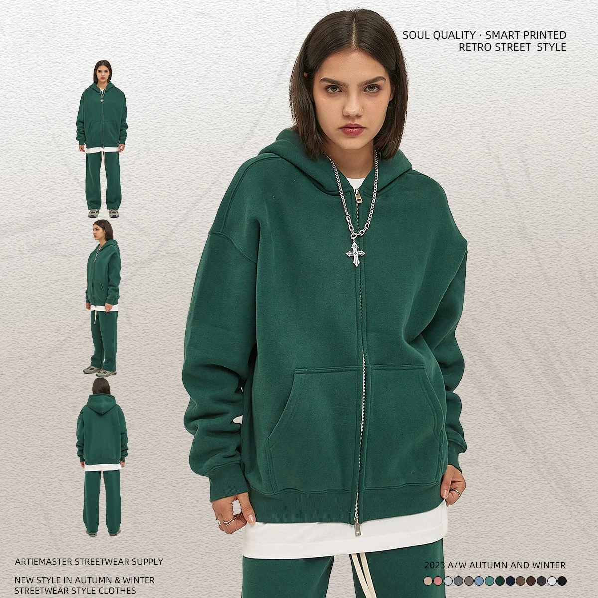 Autumn And Winter New Arrival Plus Velvet 350g Double-Head Zipper Cardigan Jacket Men And Women Loose Hooded Sweatshirt