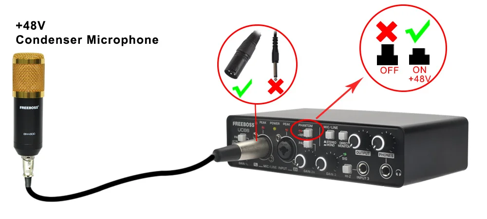 FREEBOSS Gitarren-Audio-Interface, 24 Bit, 48 kHz, 2 Mikrofoneingänge, externe Soundkarte mit DIR-Stereo-Mono für Computeraufnahmen, UC66 – Detail 12