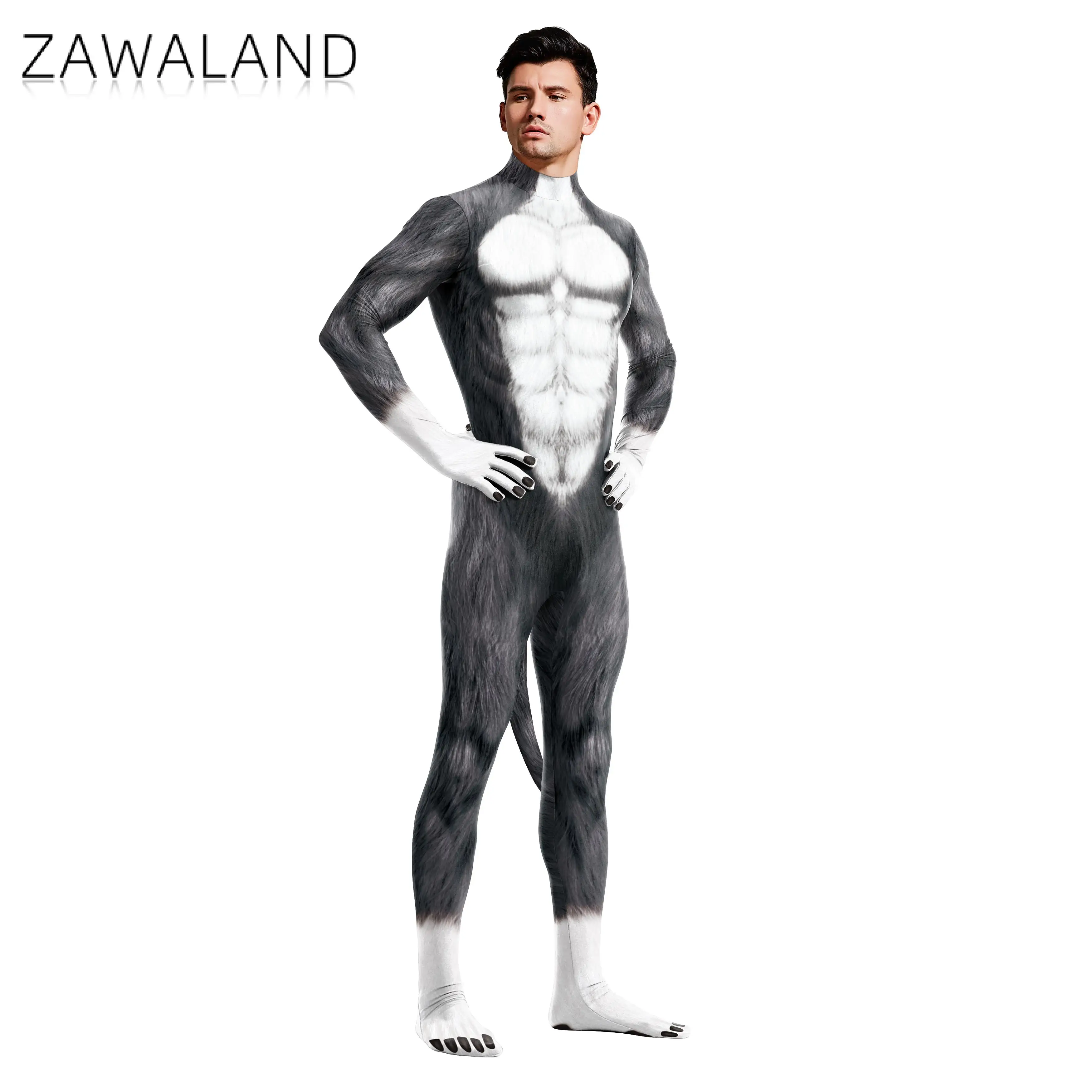 Zawaland Animal Catsuit Couple Snow Wolf Costume Tail Crotch Zipper Halloween Party Cosplay Outfit Disguise Zentai Bodysuit