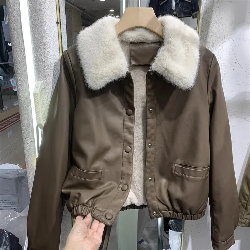 

Autumn And Winte Pu Skin Plush Thickening New Female Leather Jacket Coat Large Woolen Collar Short Tops Thickening Jacket Women