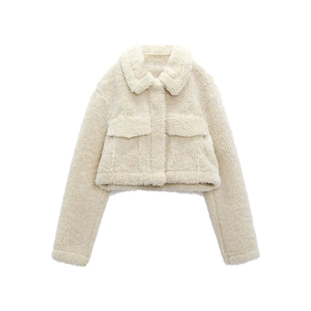 

Zach AiIsa high-quality autumn and winter new women's temperament lapel long-sleeved lamb wool fleece casual pocket short coat