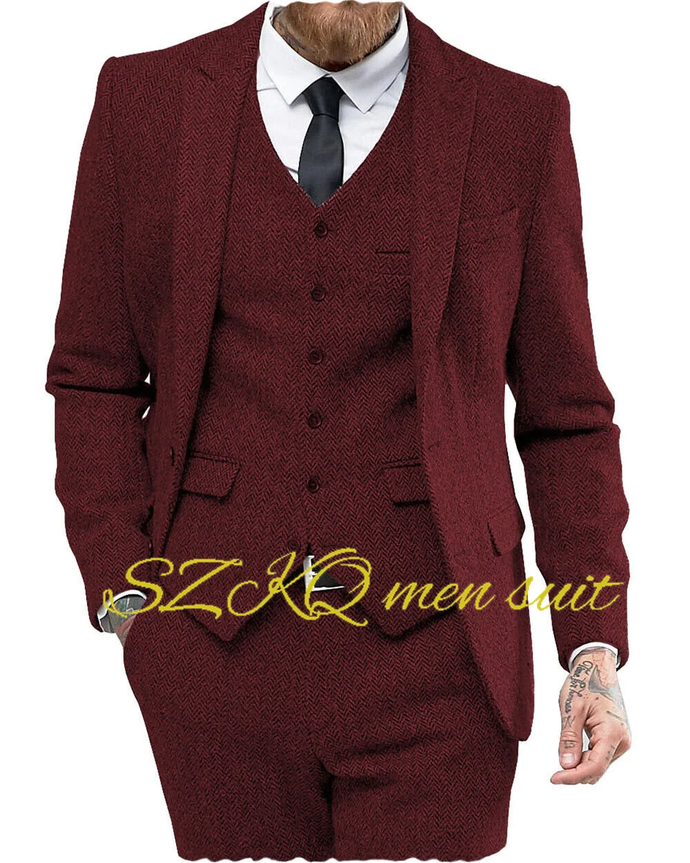 Dark Gray Men's Business Suit 3-piece Formal Herringbone Jacket Pants Vest Wedding groom tuxedo