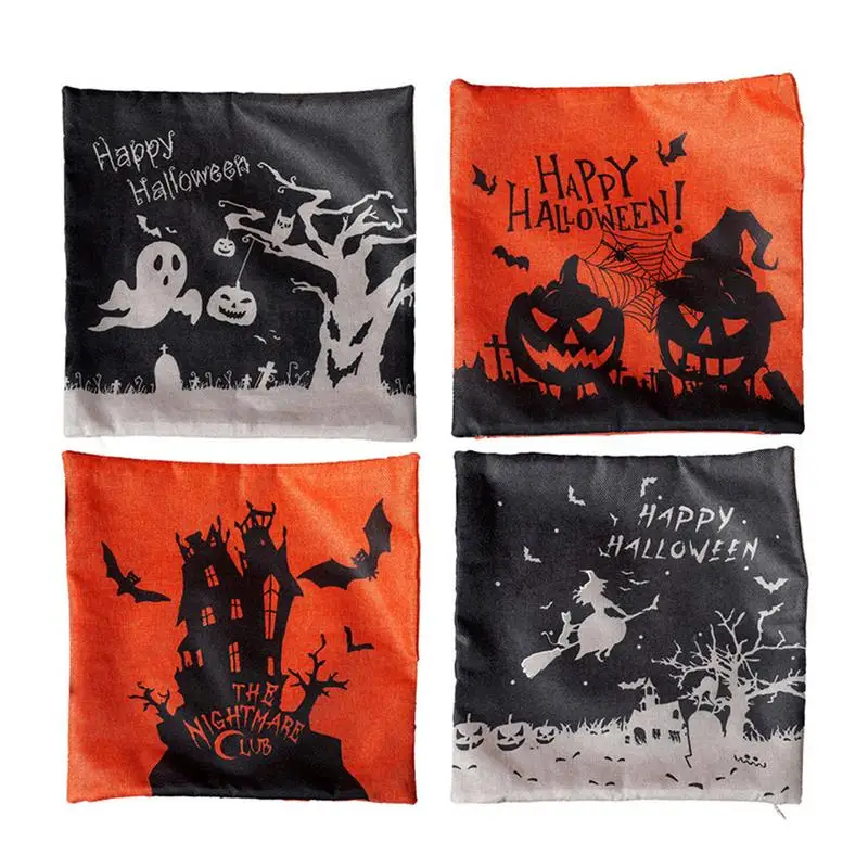 

4pcs Halloween Cushion Covers Decorative Linen Pillow Cases Durable Throw Cushion Wraps For Sofa Bed Halloween accessories