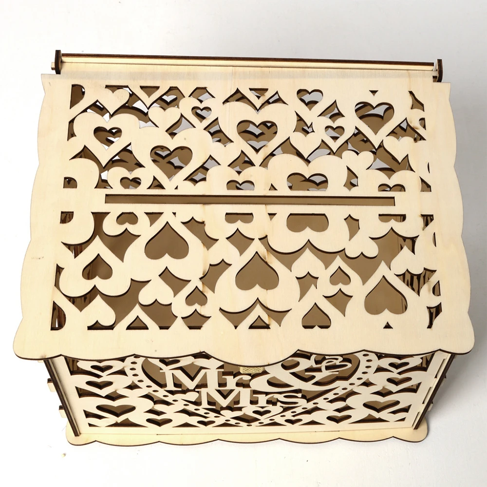 Wedding Card Box Carved Openwork Wooden Lock Mr&Mrs DIY Couple Love Pattern Envelope Sign Cards Decoration Party Supplies wooden gift card boxes wedding place cards