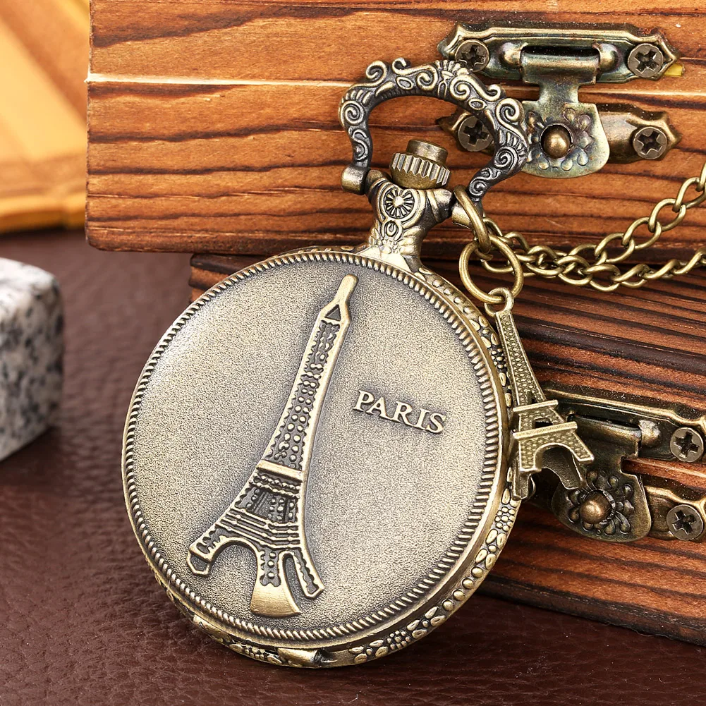 Classic Eiffel Tower Series Quartz Pocket Watch Bronze Necklace