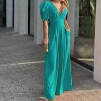 Casual Elegant Women's Summer Trendy Deep V-Neck Puff Sleeve Hollow Backless High Waist Jumpsuit Sexy Slim Pearl Button Belt - Image 6
