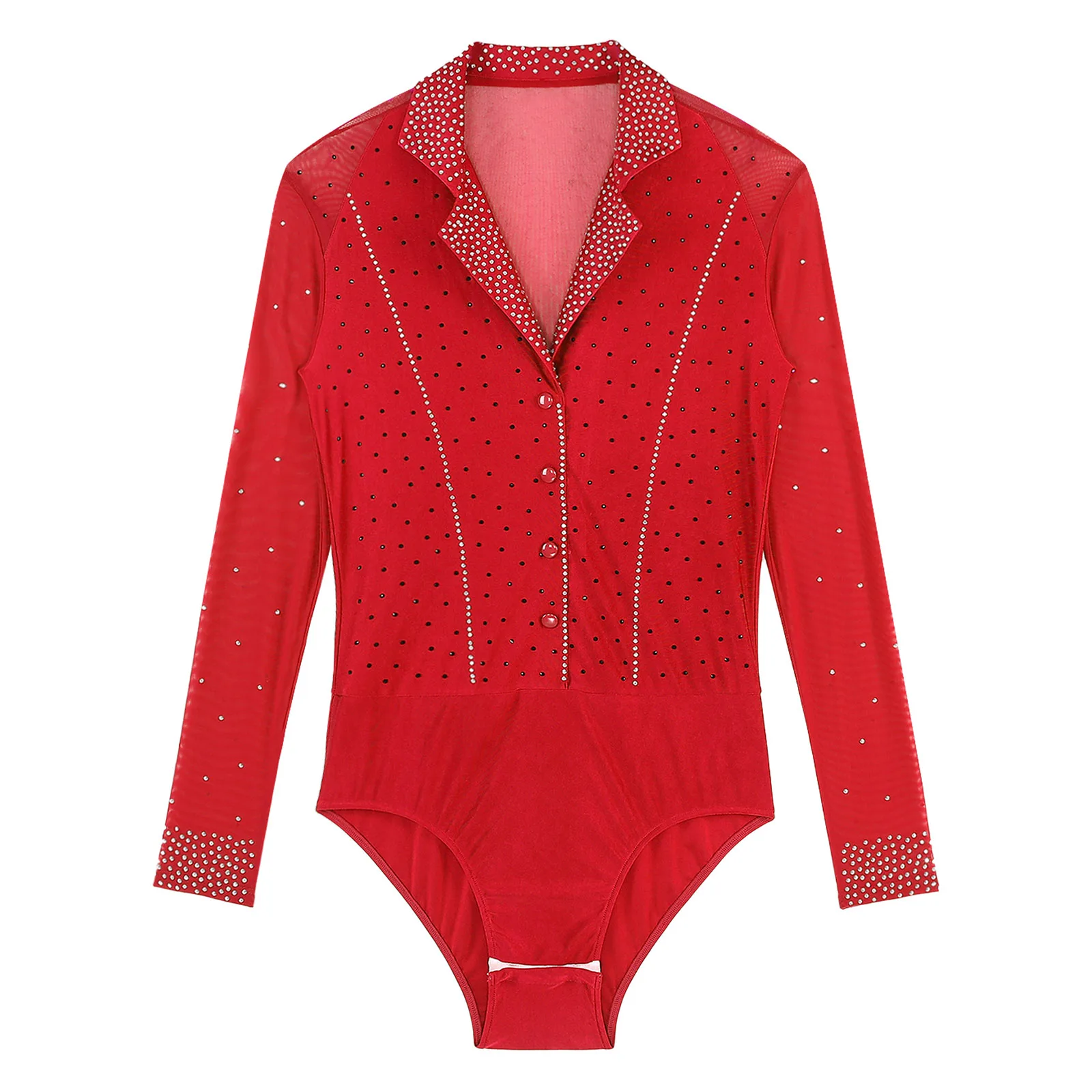 Mens Latin Tango Ballroom Dance Leotard Costume Lapel Collar Sheer Mesh Patchwork Long Sleeve Sparkly Rhinestone Bodysuit dance bodysuit