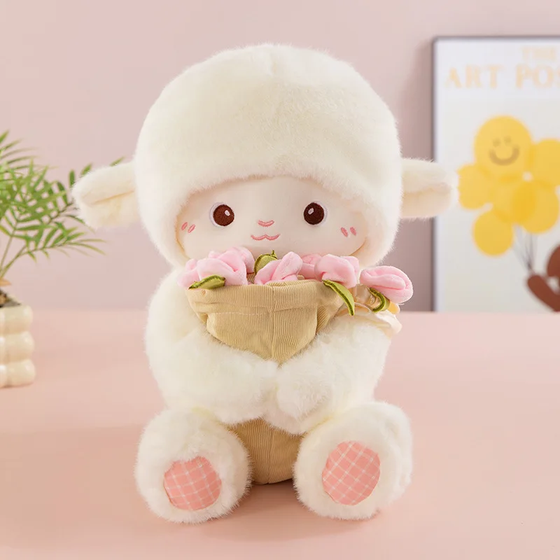 Rose Bouquet Sheep Doll with Hand Magnetic Soft Animal Plush Small Anime Hugging Lamb Doll Birthday Girls Valentine Gift
