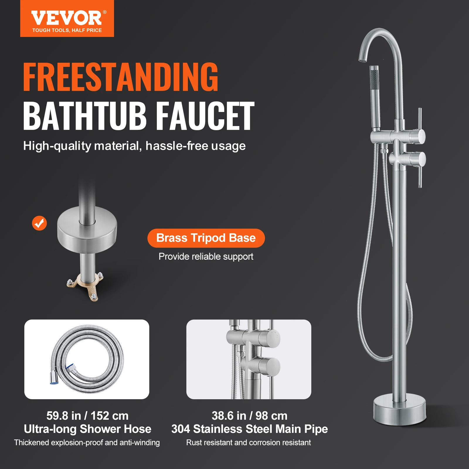 VEVOR Freestanding Bathtub Faucet Floor Mount Shower Mixer Taps For Bathing Showering Pet Cleaning Drains Toilet Flushing 2
