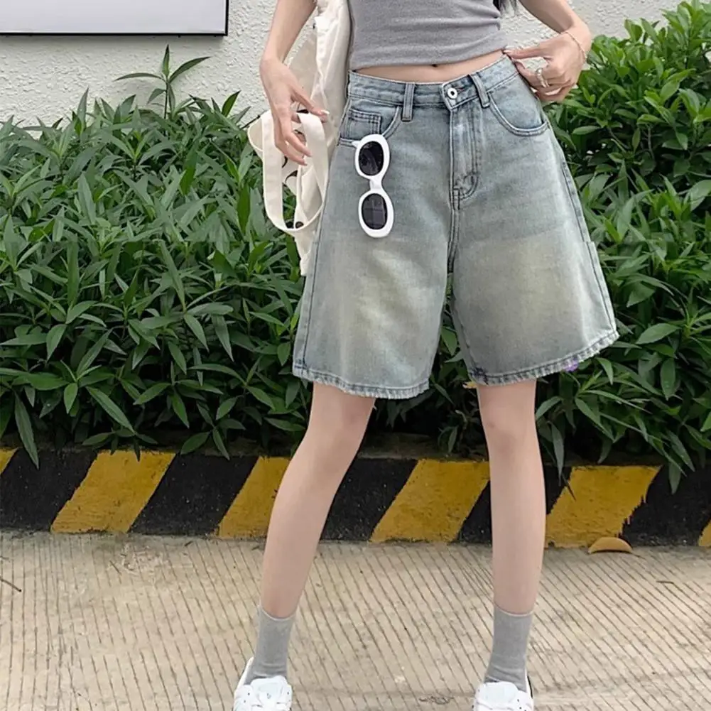 

Washed Shorts Vintage High Waist Denim Shorts for Women Wide Leg Streetwear Jeans with Button Closure Zipper Knee Length Pants