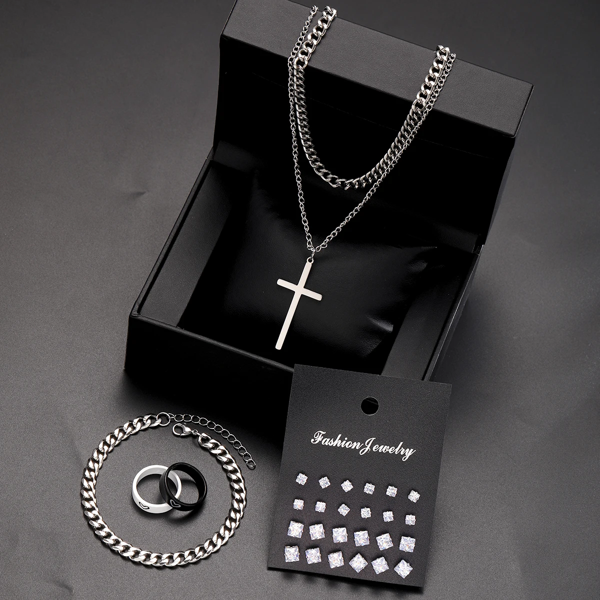 28pcs/set Casual Zircon Stud Earrings Cross Pendant Necklace Couple Ring Bracelet Set, Multi-piece Set, Suitable For Daily Wear