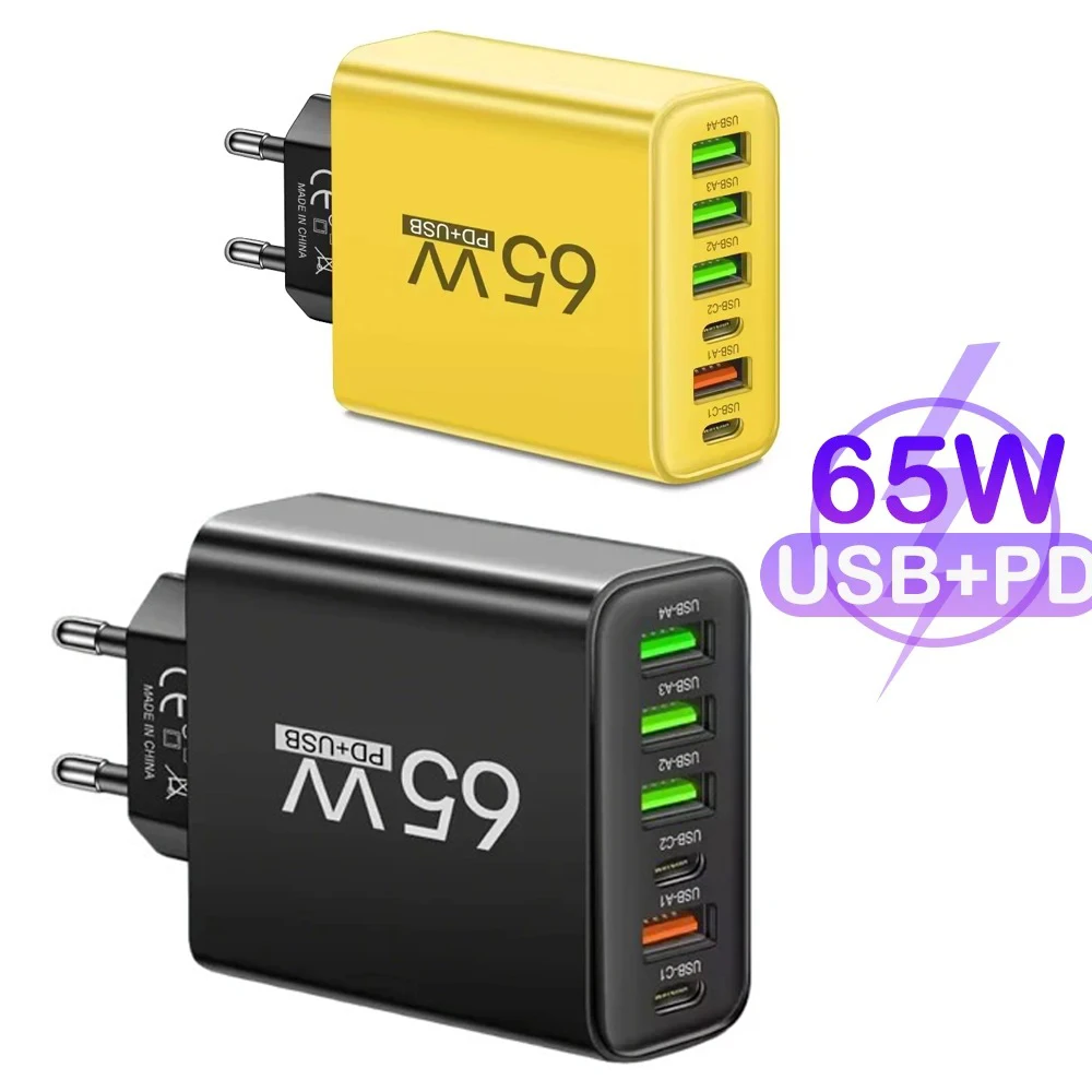 USB C Charger 65W 6 Port Fast Charger PD QC 3.0 Adapter for iPhone 17 16 15 Pro Max Samsung S23 Compact
