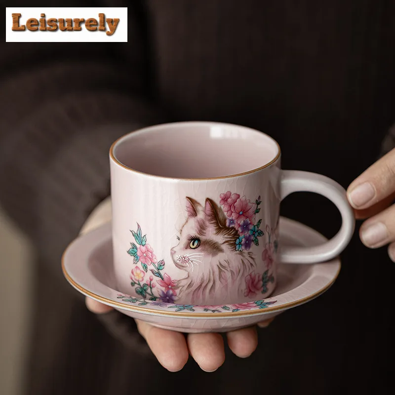 150ml Pink Ru Kiln Flower Cat Coffee Mug With Plate Beer Cup Afternoon Tea Mug Household Cup Saucer Kit Teaware Decoration Gift
