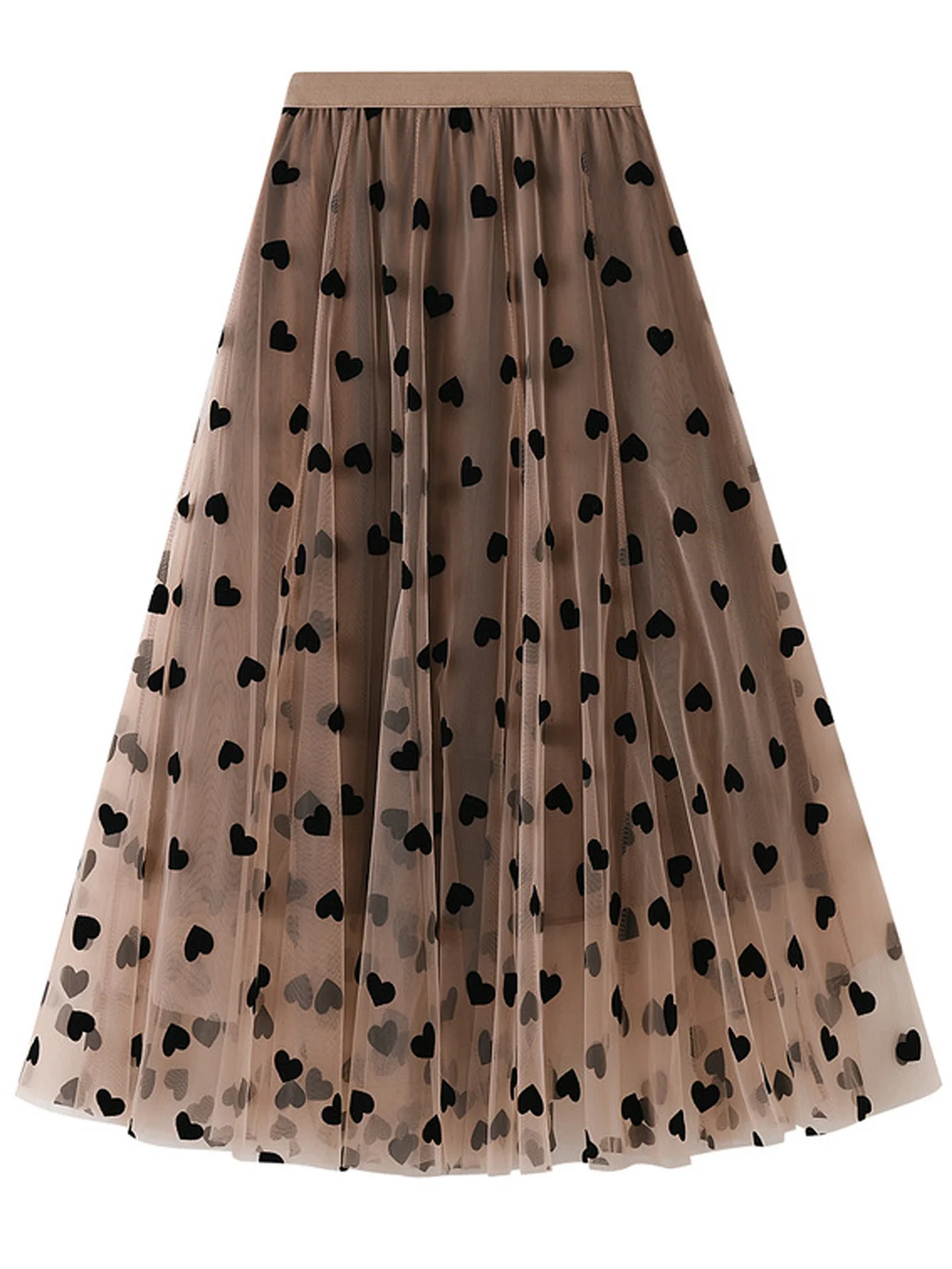 

Party Train Flocking Heart Shaped Mesh Skirt Women Summer Mid Length Thin Drape Skirt Super Fairy TuTu Skirt
